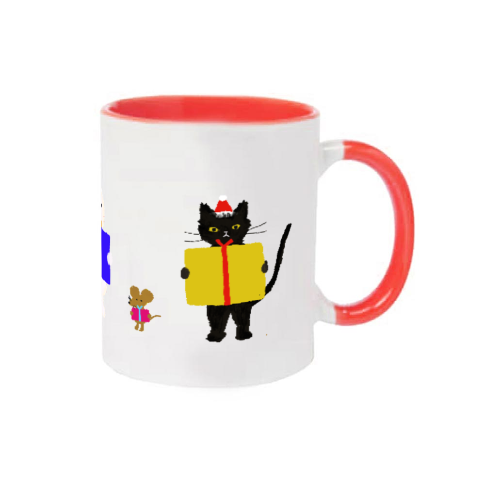 ねこ、ねずみ、雪だるまのクリスマスプレゼント 2トーンマグカップ