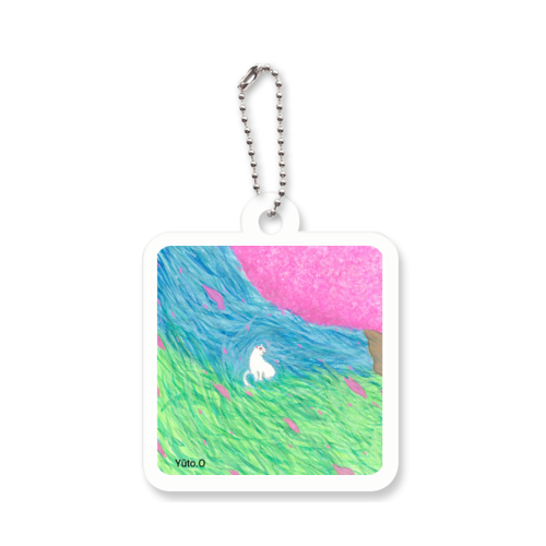 『桜を観る白猫』キーホルダー アクリルキーホルダー　四角型 (4cm)