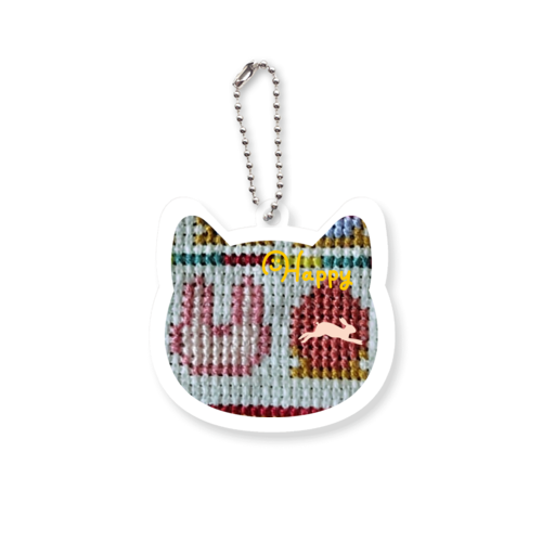 クロスステッチ刺繍(ウサギ) ネコ型アクリルキーホルダー(4cm)