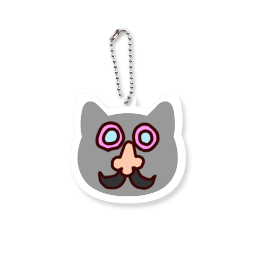 首のない猫(ひげ眼鏡)の顔だけキーホルダー【灰】｜ゆるキャラで日々に癒しを ネコ型アクリルキーホルダー(4cm)