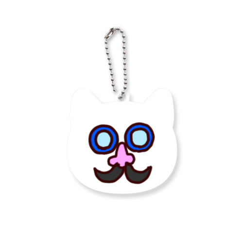 首のない猫(ひげ眼鏡)の顔だけキーホルダー【白】｜ゆるキャラで日々に癒しを ネコ型アクリルキーホルダー(4cm)