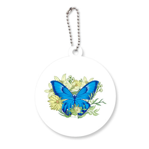 ブルーモルフォ蝶のイラスト アクリルキーホルダー　丸型 (6cm)