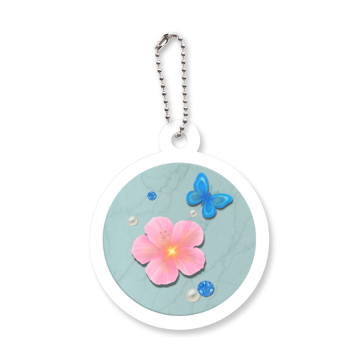 ハイビスカスとちょうちょ_Belle アクリルキーホルダー　丸型 (4cm)