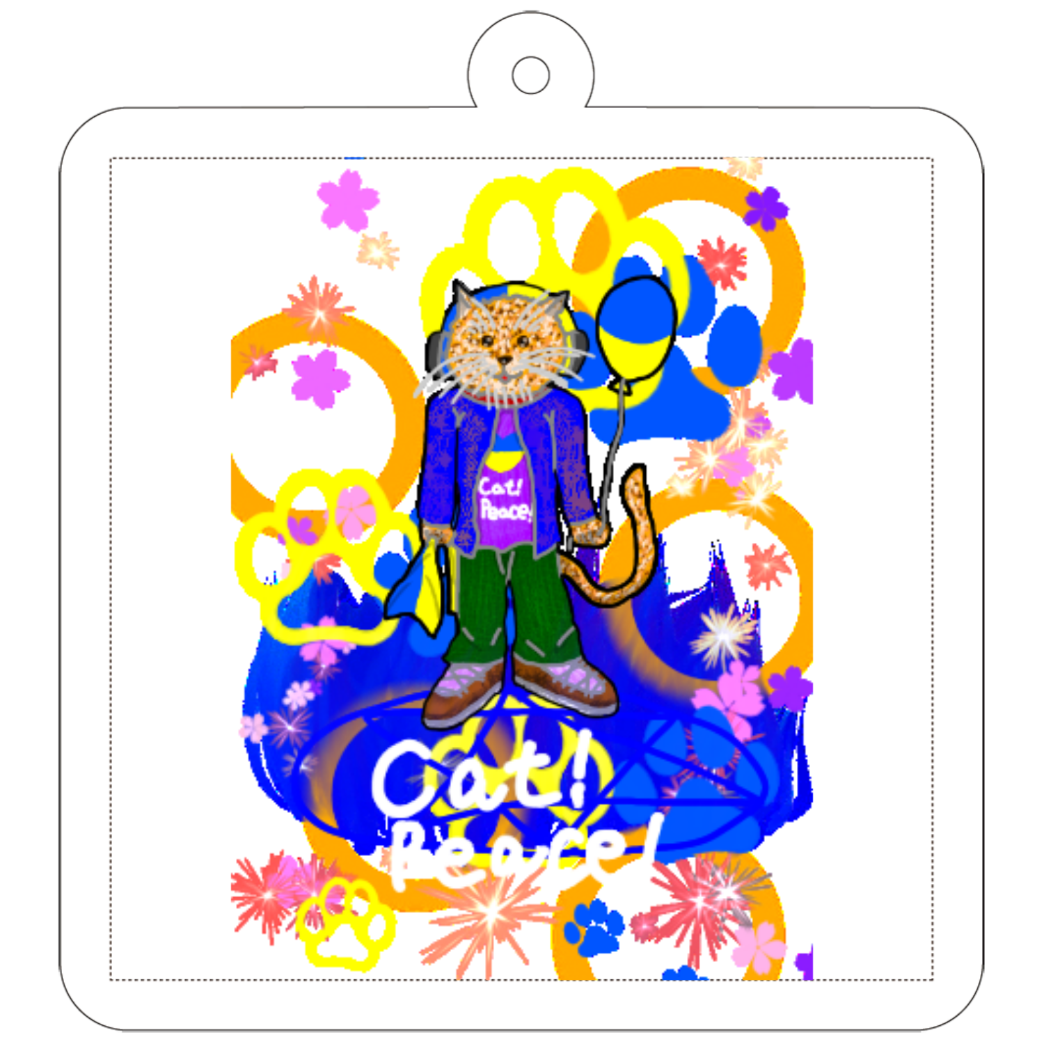 Cat! Peace!(猫!平和!)〜皆も平和ニャァー‼︎　ORILAB.Version 50×50mm アクリルキーホルダー(正方形)