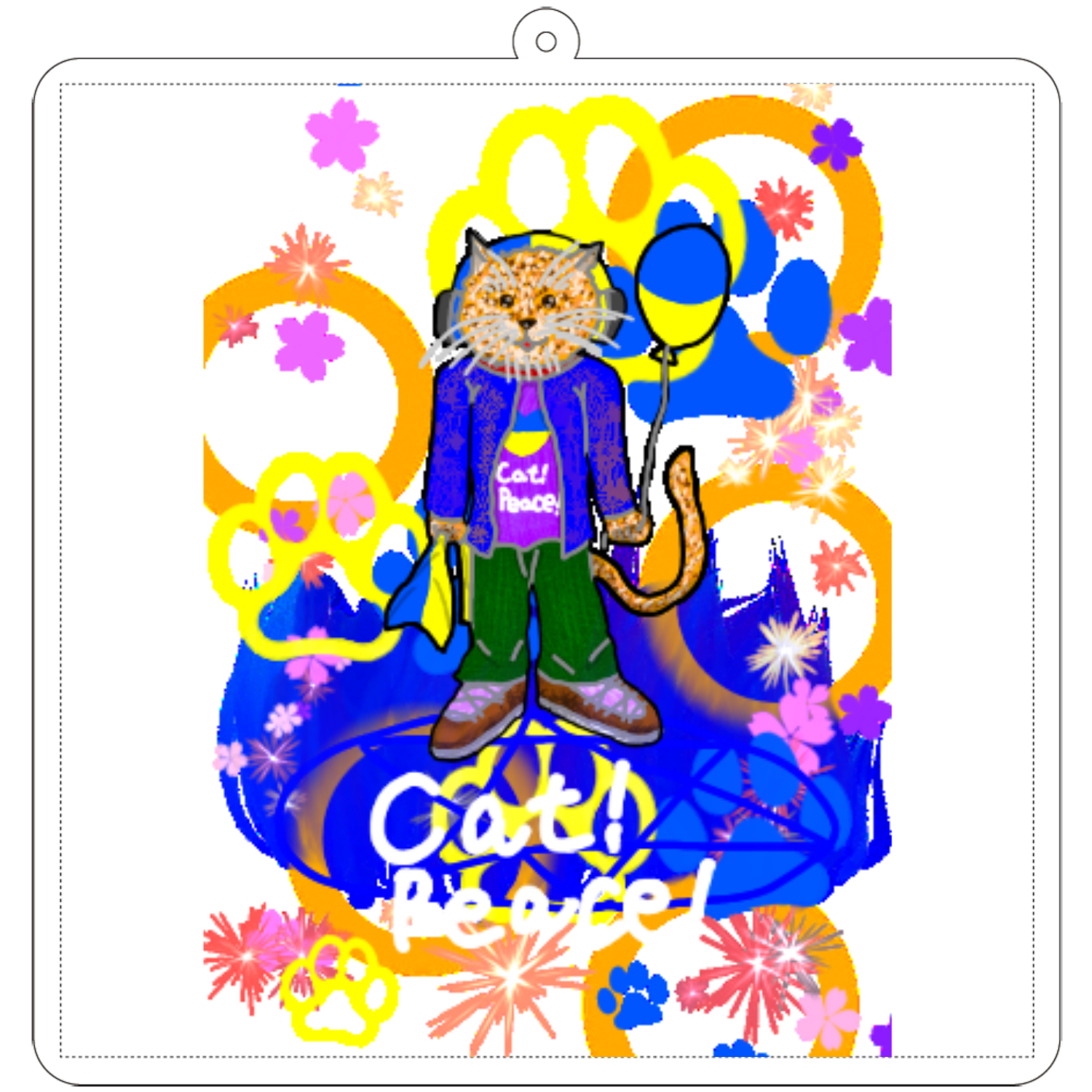 Cat! Peace!(猫!平和!)〜皆も平和ニャァー‼︎　ORILAB.Version 100×100mm アクリルキーホルダー(正方形)