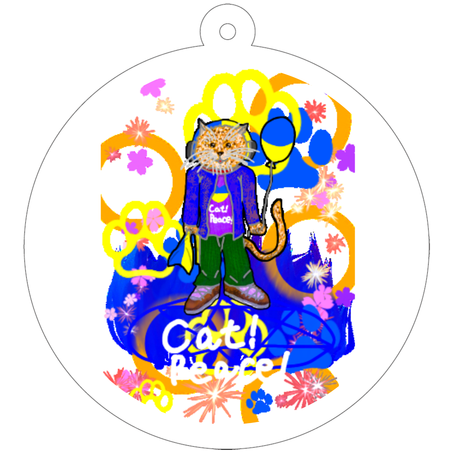Cat! Peace!(猫!平和!)〜皆も平和ニャァー‼︎　ORILAB.Version 50×50mm アクリルキーホルダー(丸型)