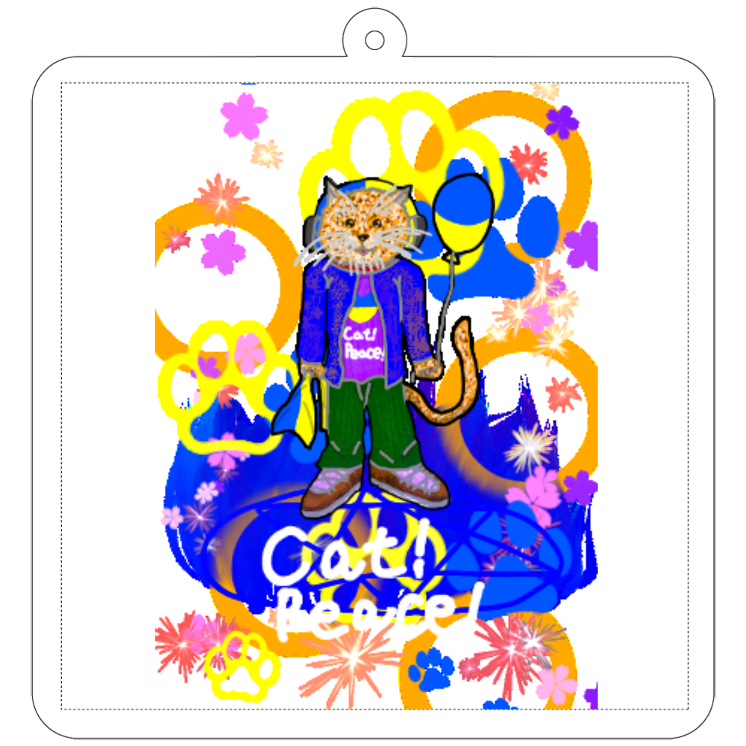Cat! Peace!(猫!平和!)〜皆も平和ニャァー‼︎　ORILAB.Version 70×70mm アクリルキーホルダー(正方形)