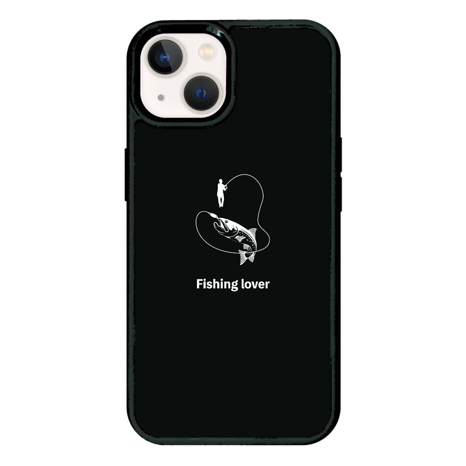 釣りイラスト（白）（Fishing lover）プリントパネルラバーケース（黒） iPhone 13 プリントパネルラバーケース