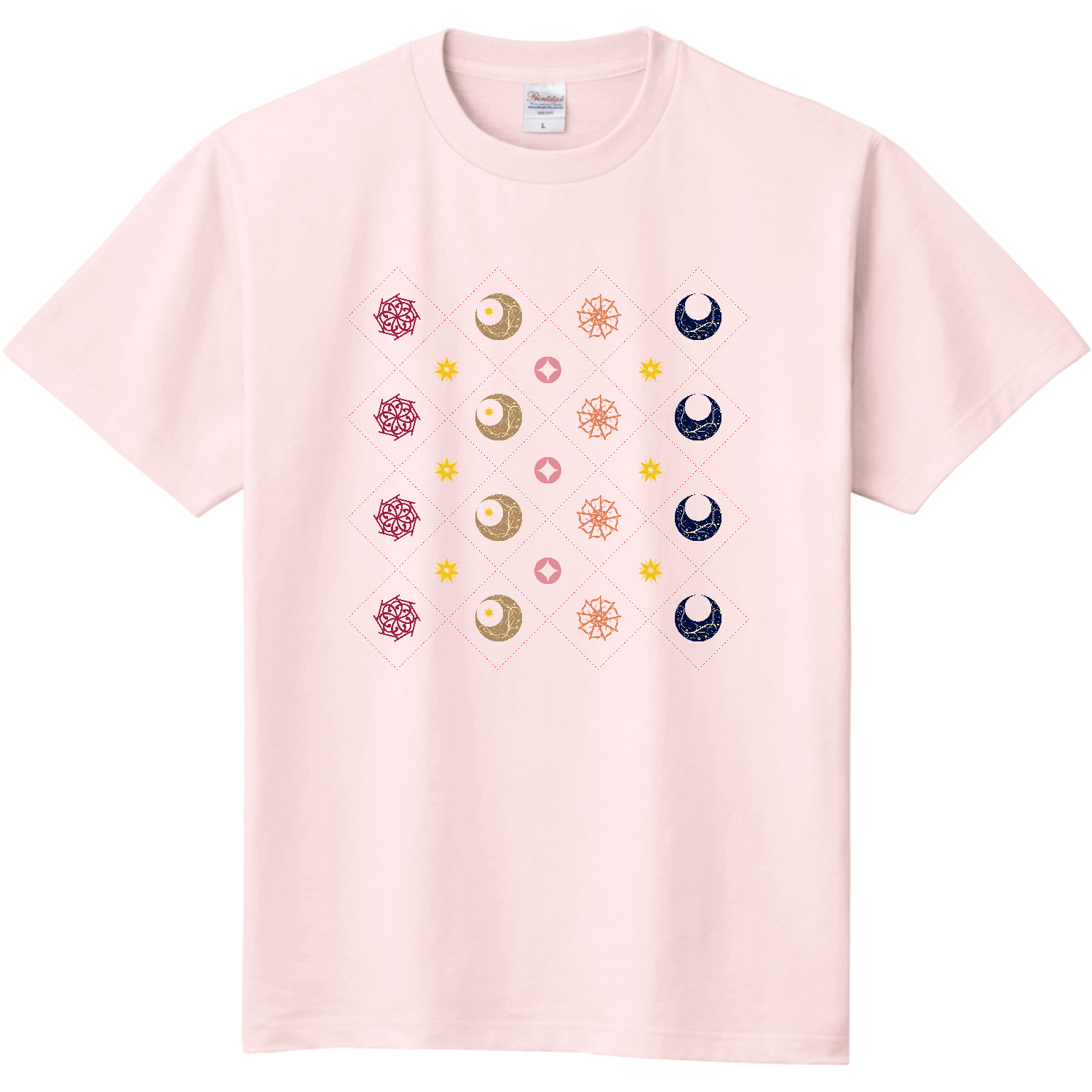 Tシャツ　文字花と月と七宝と　カラフルタイル風 定番Ｔシャツ
