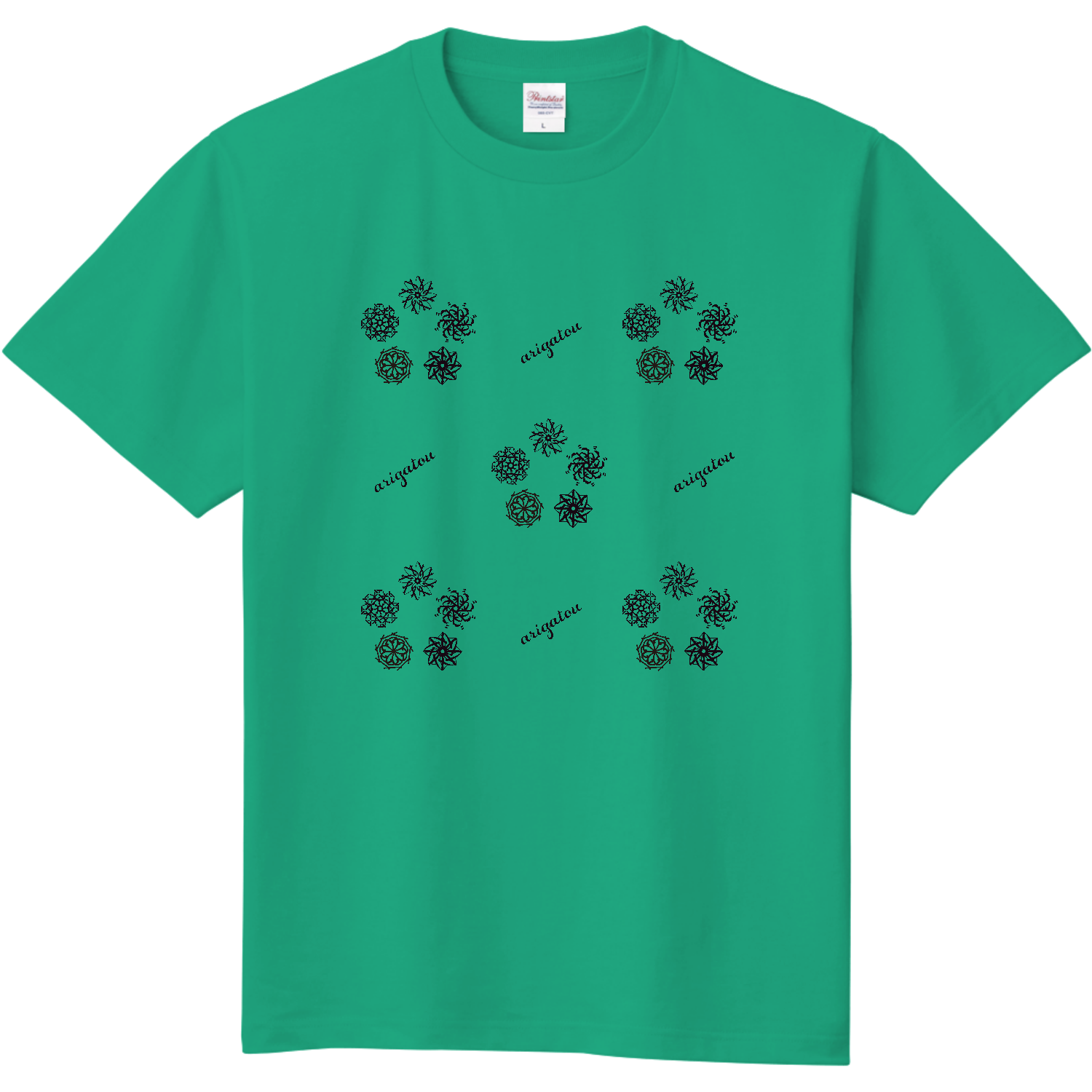 Tシャツ　「あ　り　が　と　う」ノハナ　５輪　黒 定番Ｔシャツ
