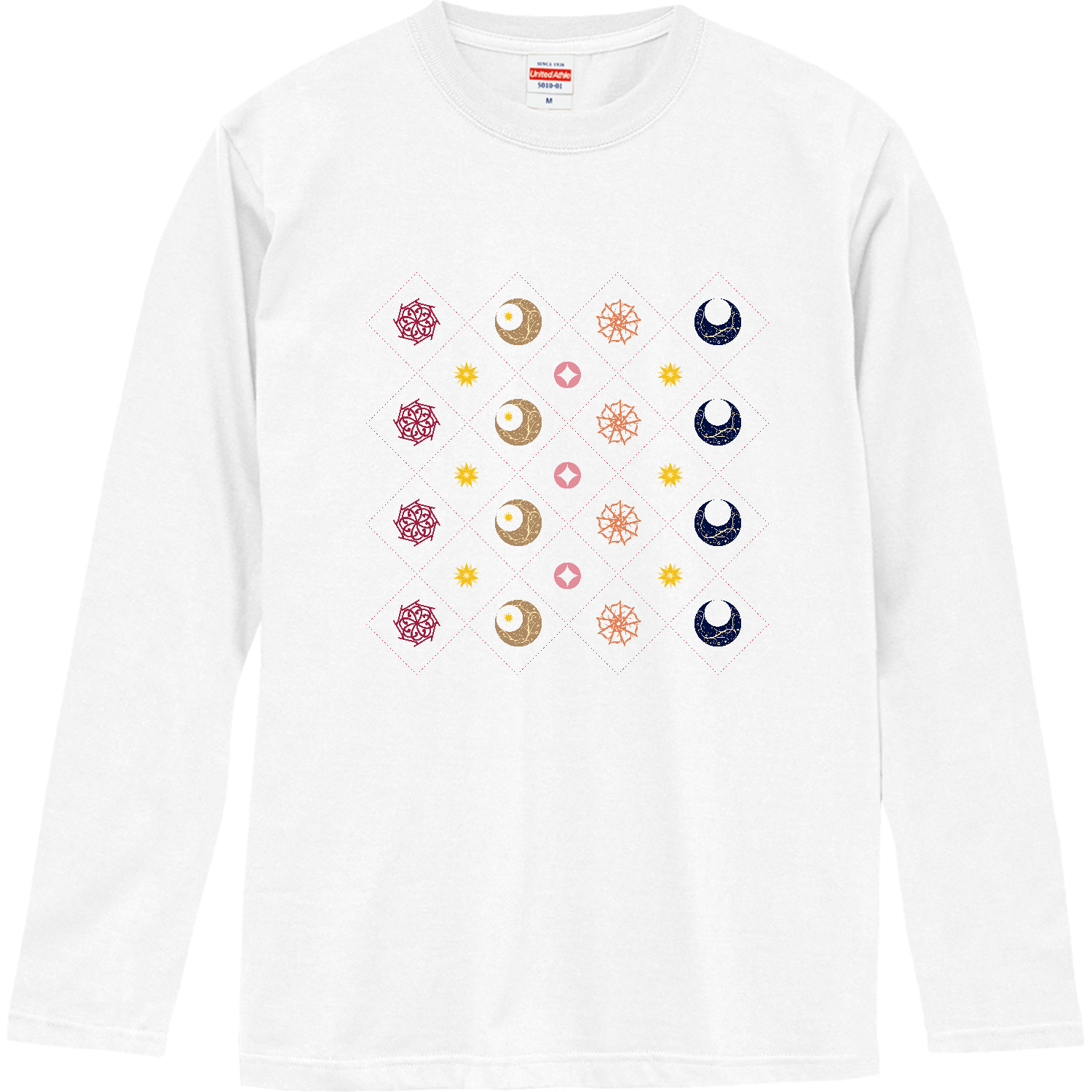 ロングTシャツ　文字花と月と七宝と　カラフルタイル風 ロングスリーブTシャツ