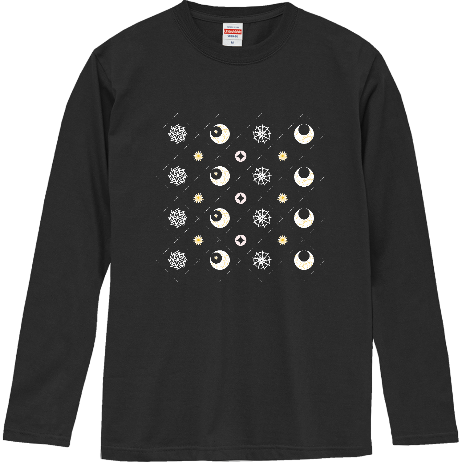 ロングTシャツ　文字花と月と七宝と　白タイル風 ロングスリーブTシャツ