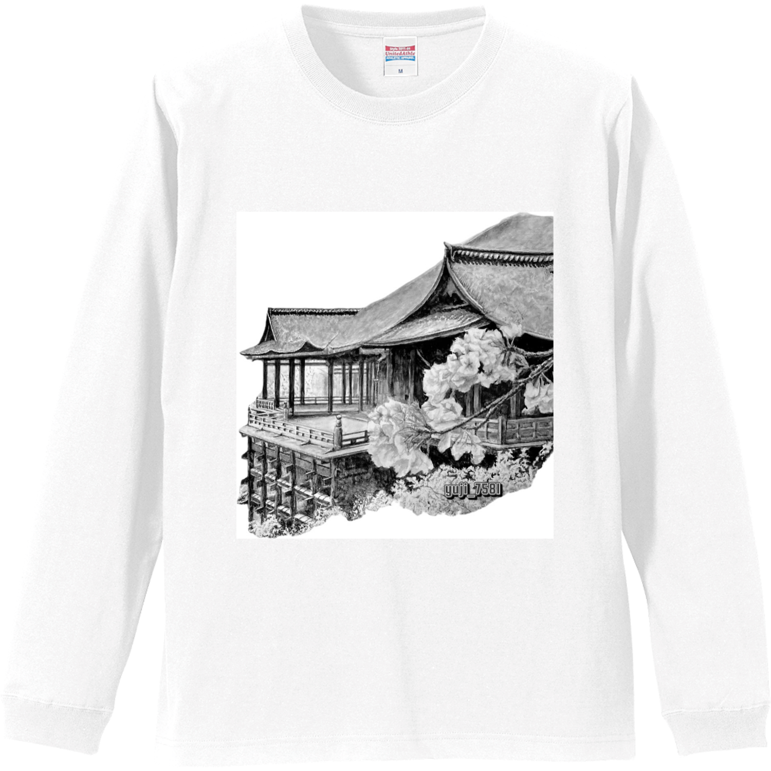デザイン長袖モノクロTシャツ 清水寺リブ付 ロングスリーブTシャツの