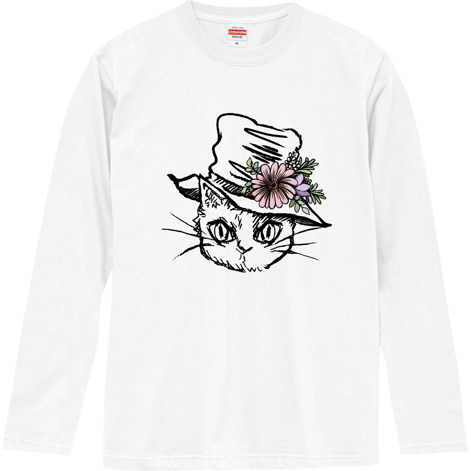 猫と帽子と花飾り ロングスリーブTシャツ