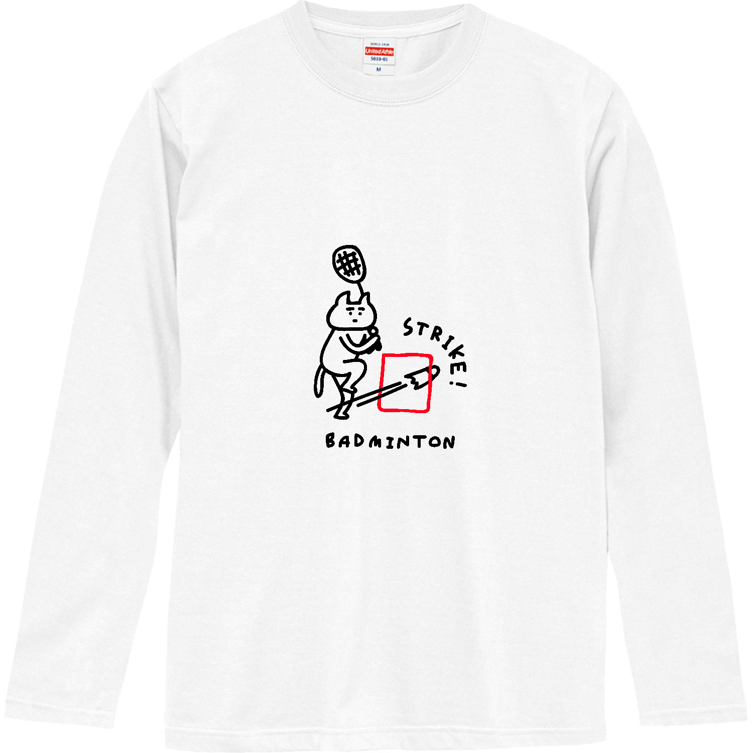 バドミントン　左打ちするネコ ロングスリーブTシャツ