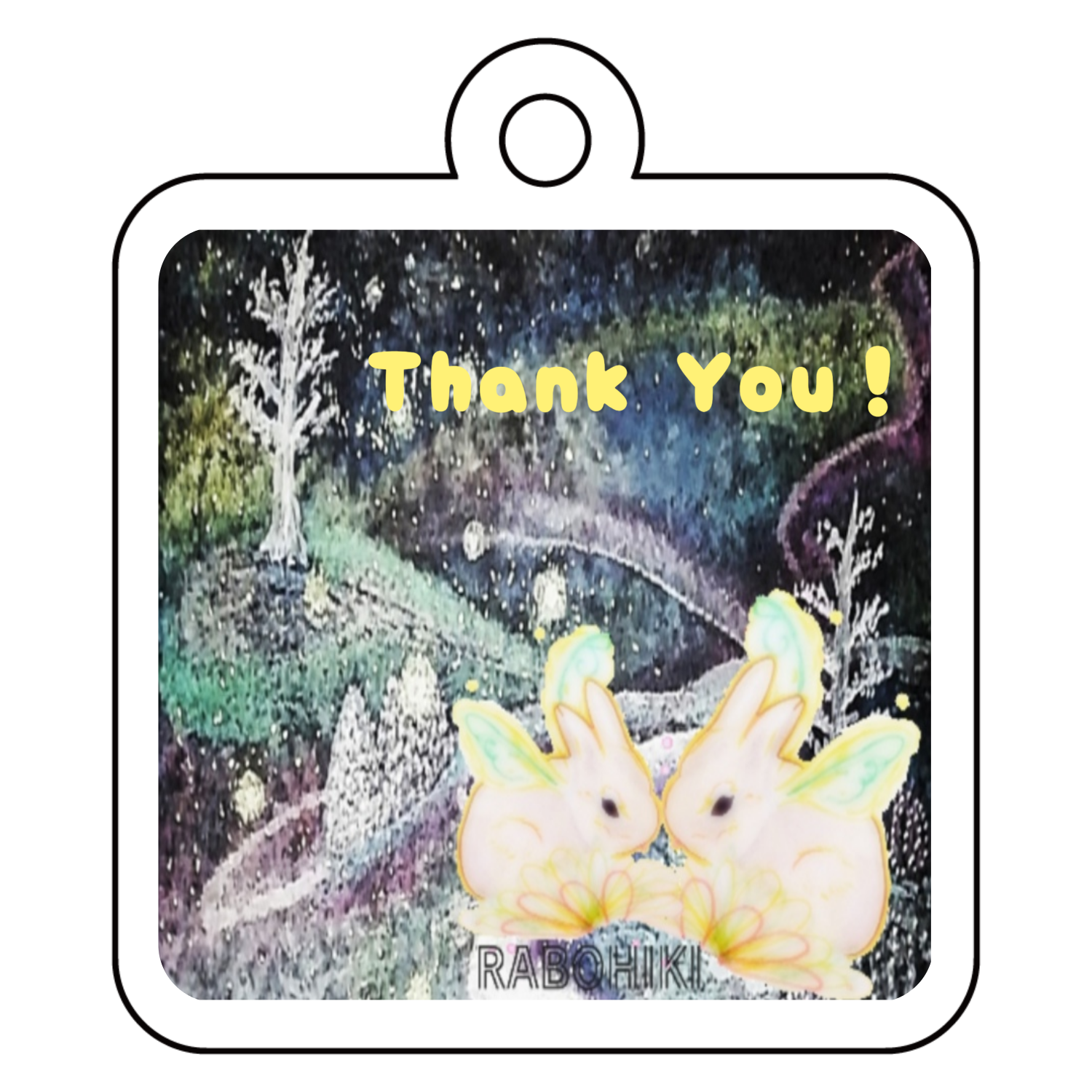 宇宙と天使のうさぎ「Thank You！」 アクリルキーホルダー　四角型 (4cm)