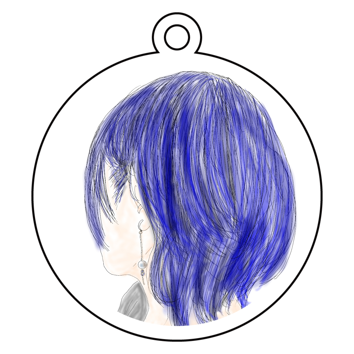 青髪ウルフカットの子 アクリルキーホルダー　丸型 (6cm)