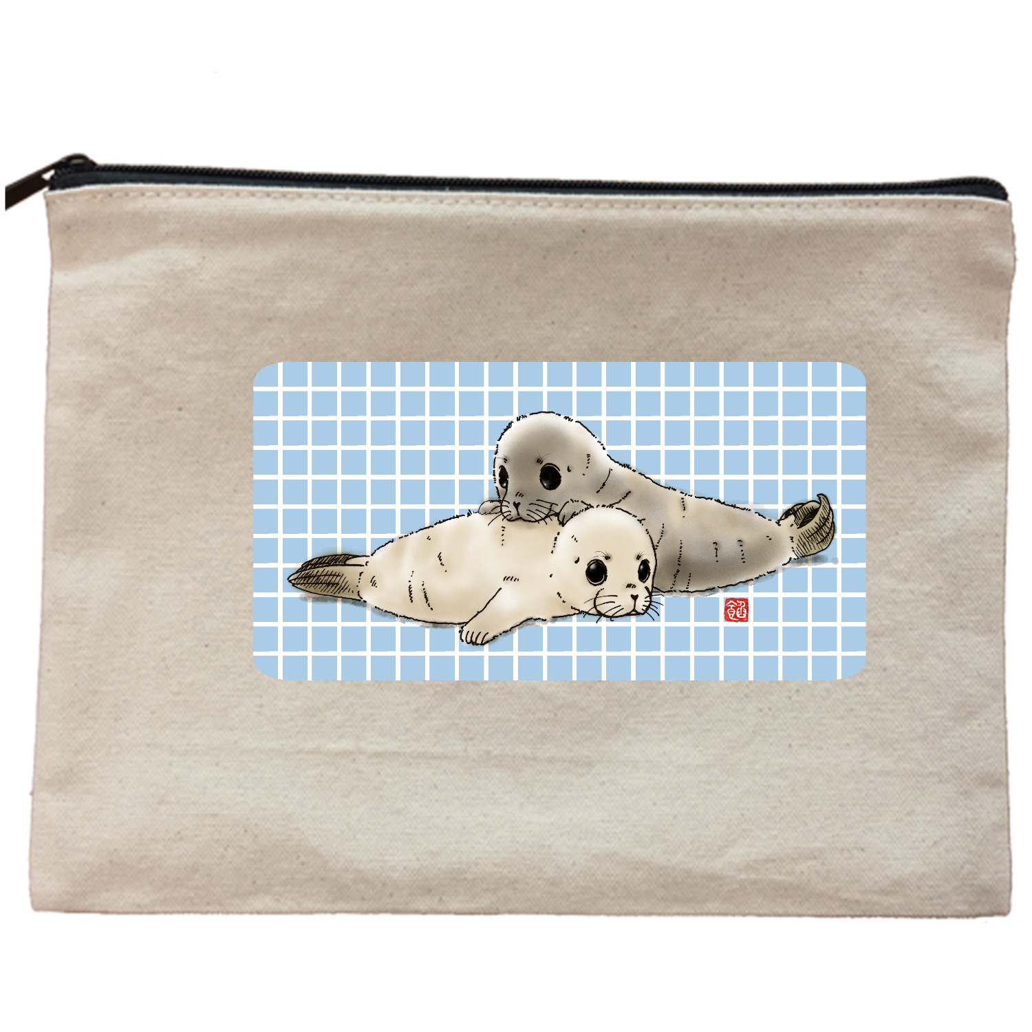 TWO PUPS キャンバスフラットポーチ（L）【白プリント有】