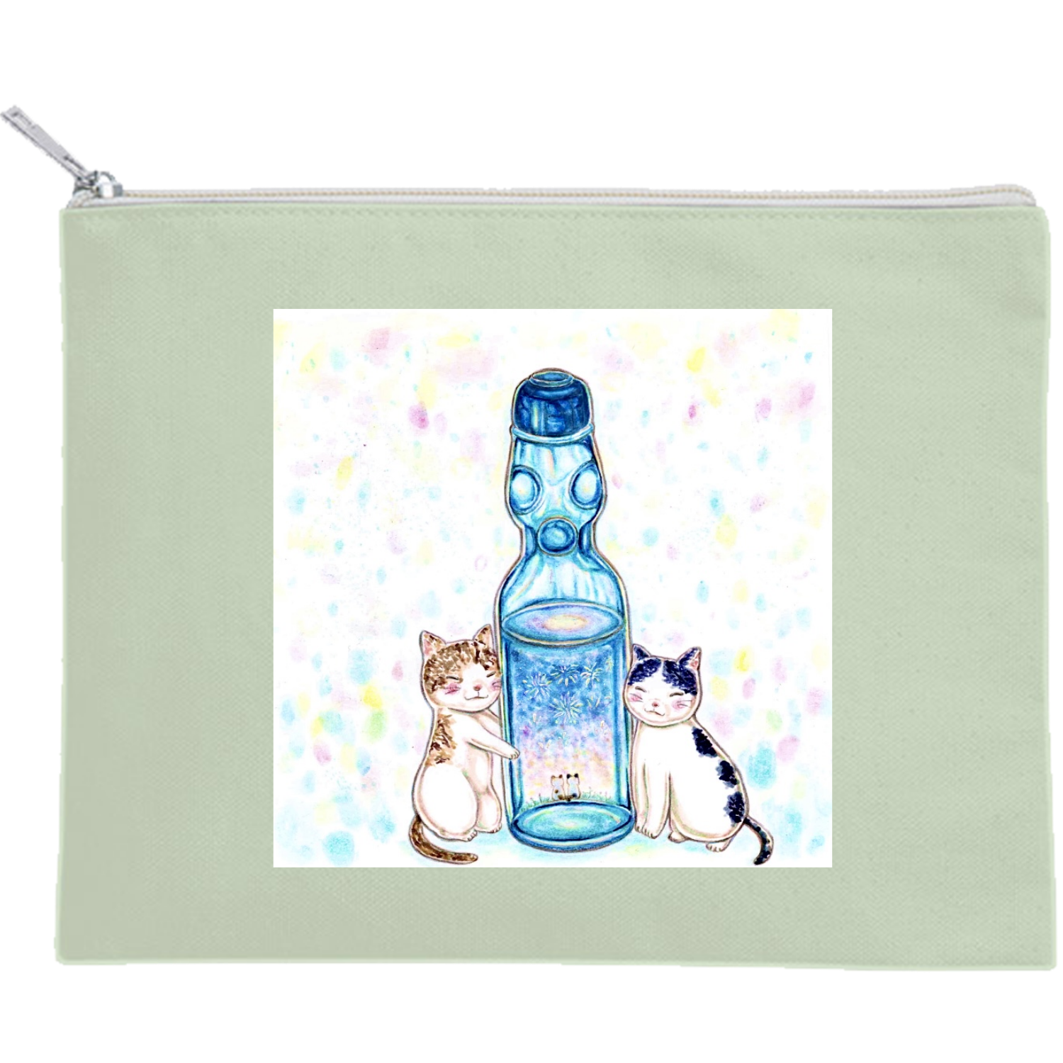 ラムネにゃんこ キャンバスフラットポーチ（M）【白プリント有】