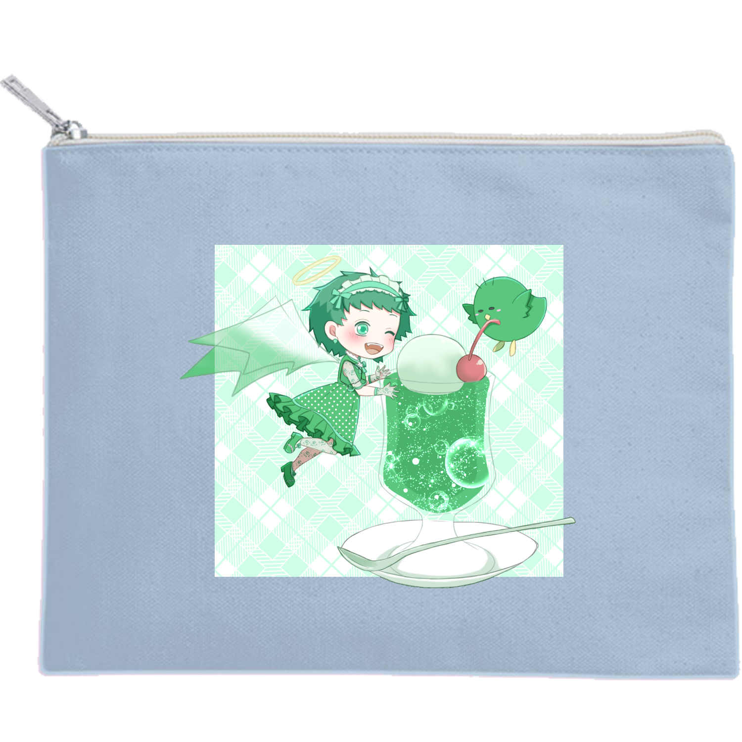お菓子と少女（緑＆水色） キャンバスフラットポーチ（M）【白プリント有】