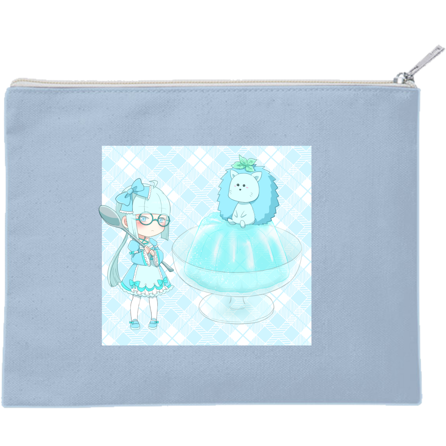 お菓子と少女（緑＆水色）キャンバスフラットポーチ（M）【白プリント有】2
