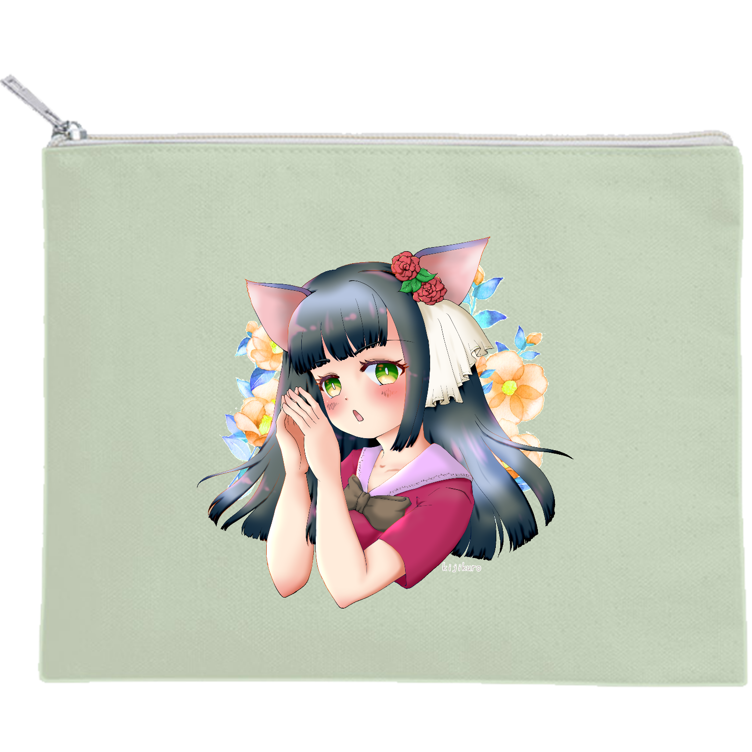 猫娘さん猫を被ってみた キャンバスフラットポーチ（M）【白プリント有】
