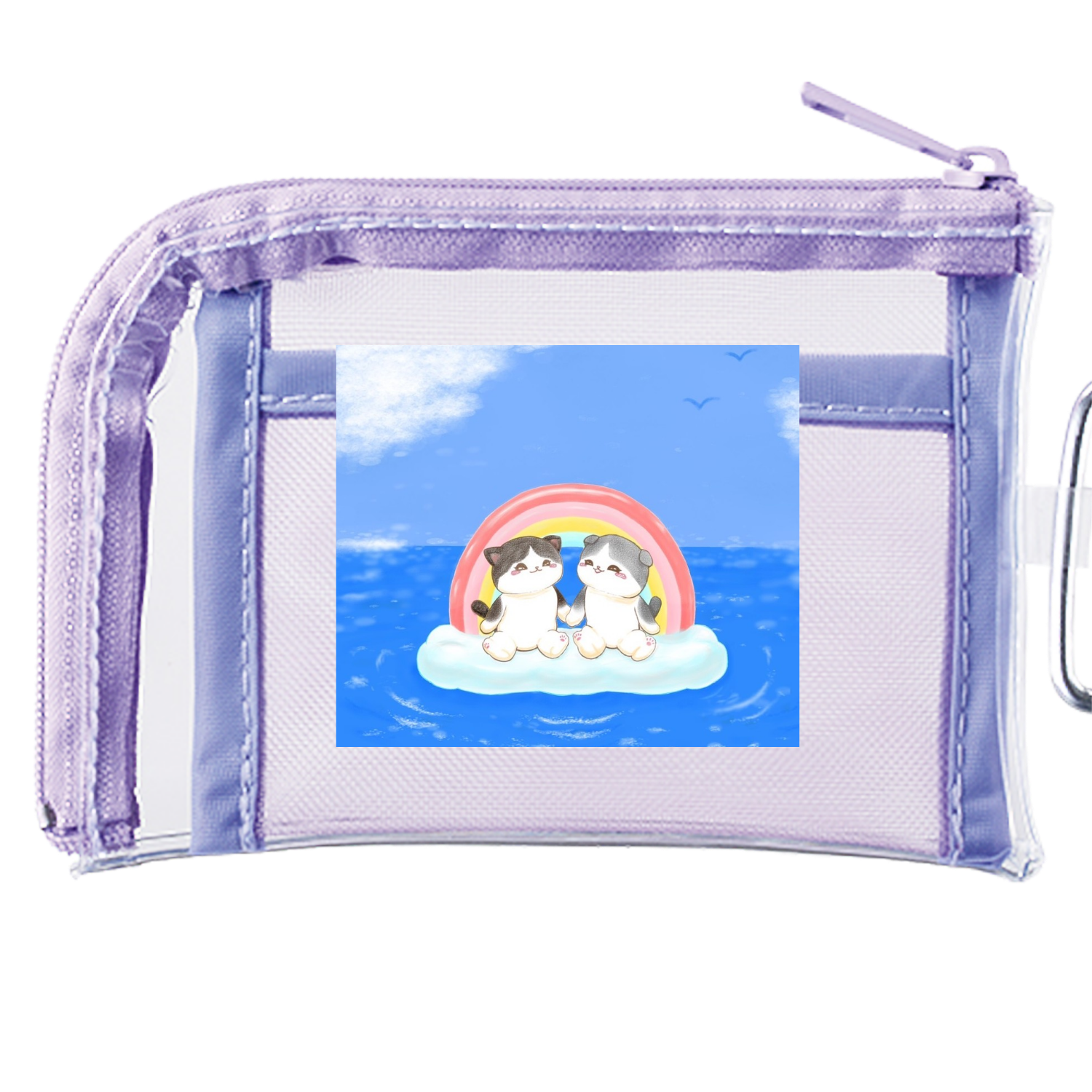 2匹のハチワレ猫と海 メッシュポケットクリアミニポーチ
