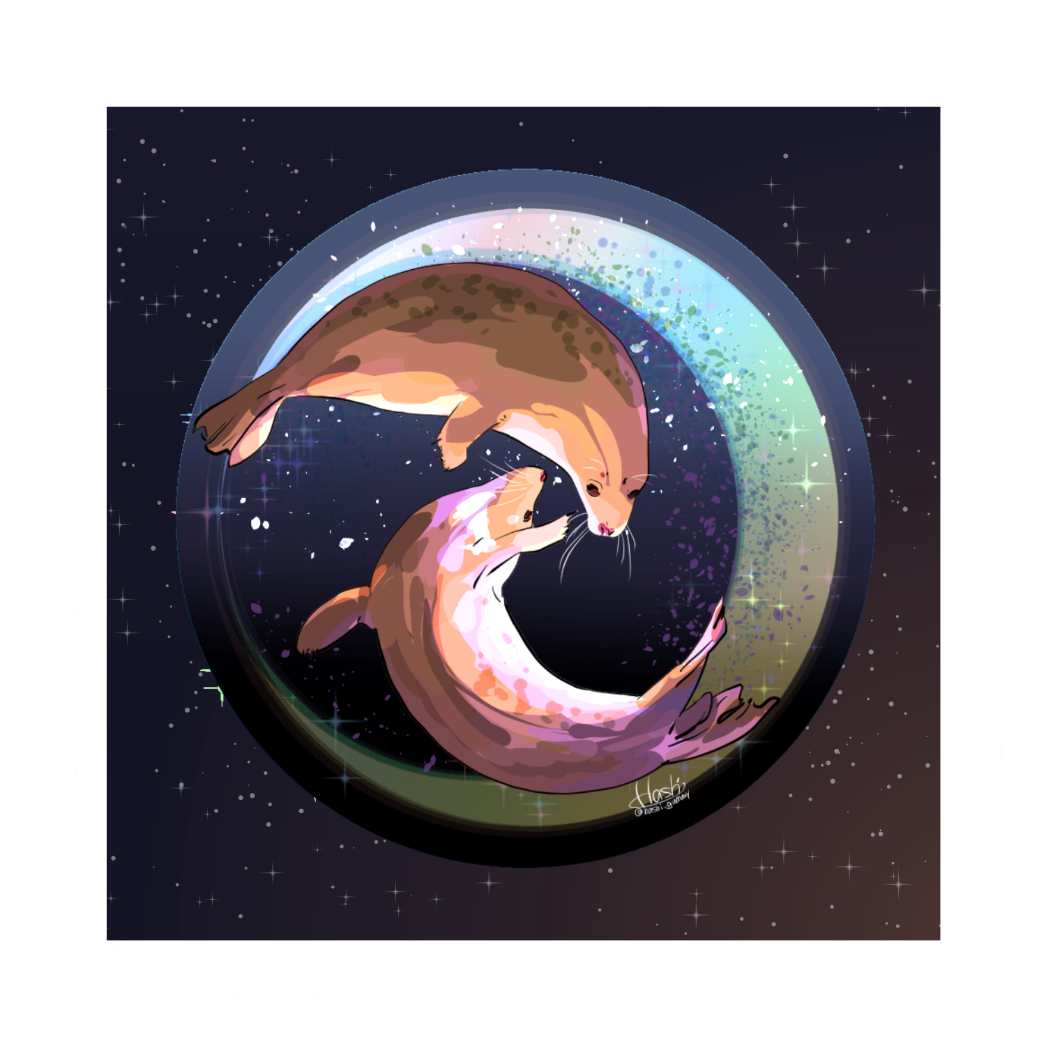 Seals dancing in the moonlit night ピクチャースタイル ハンドタオル