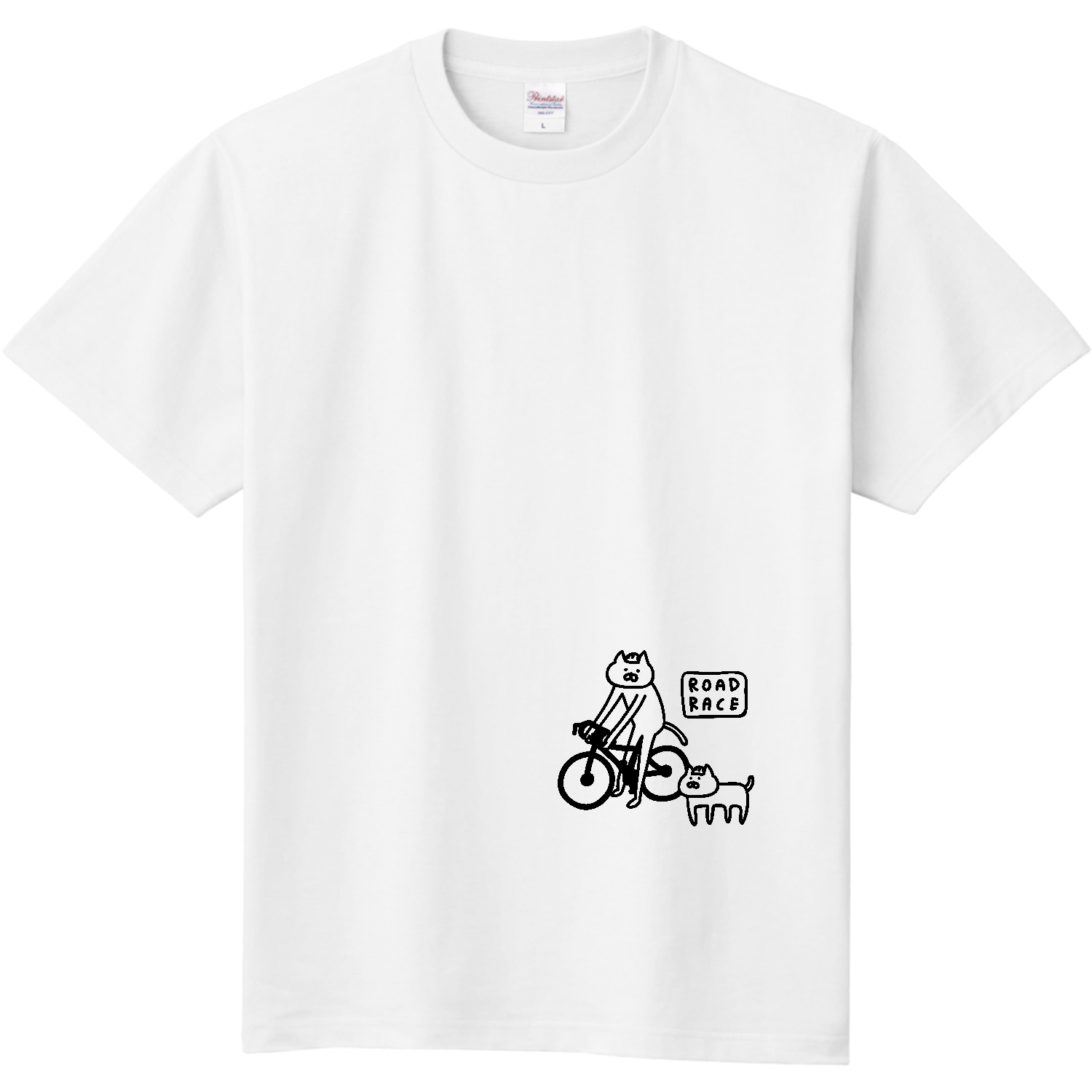 ロードレース・自転車　ロードバイクにまたがるネコ 定番Ｔシャツ
