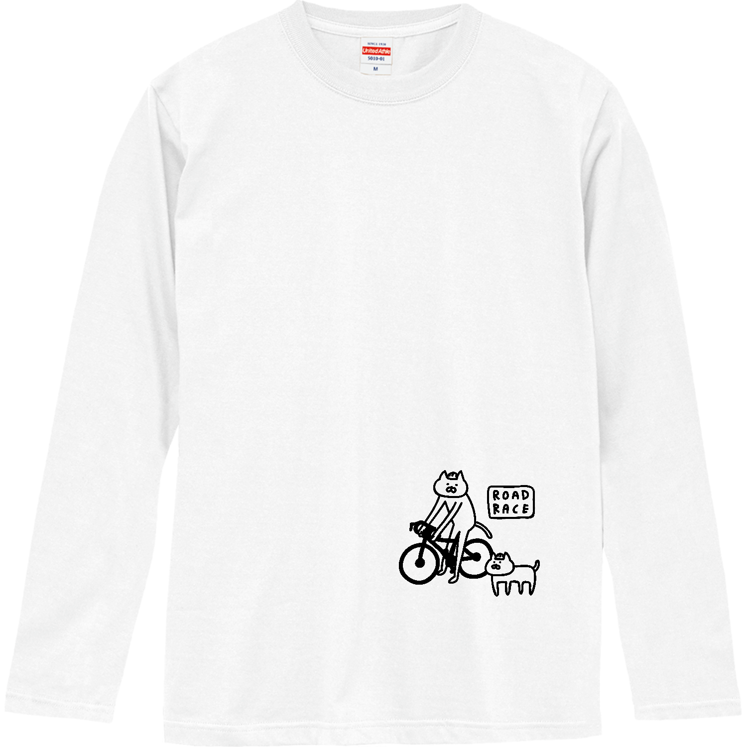 ロードレース・自転車　ロードバイクにまたがるネコ ロングスリーブTシャツ