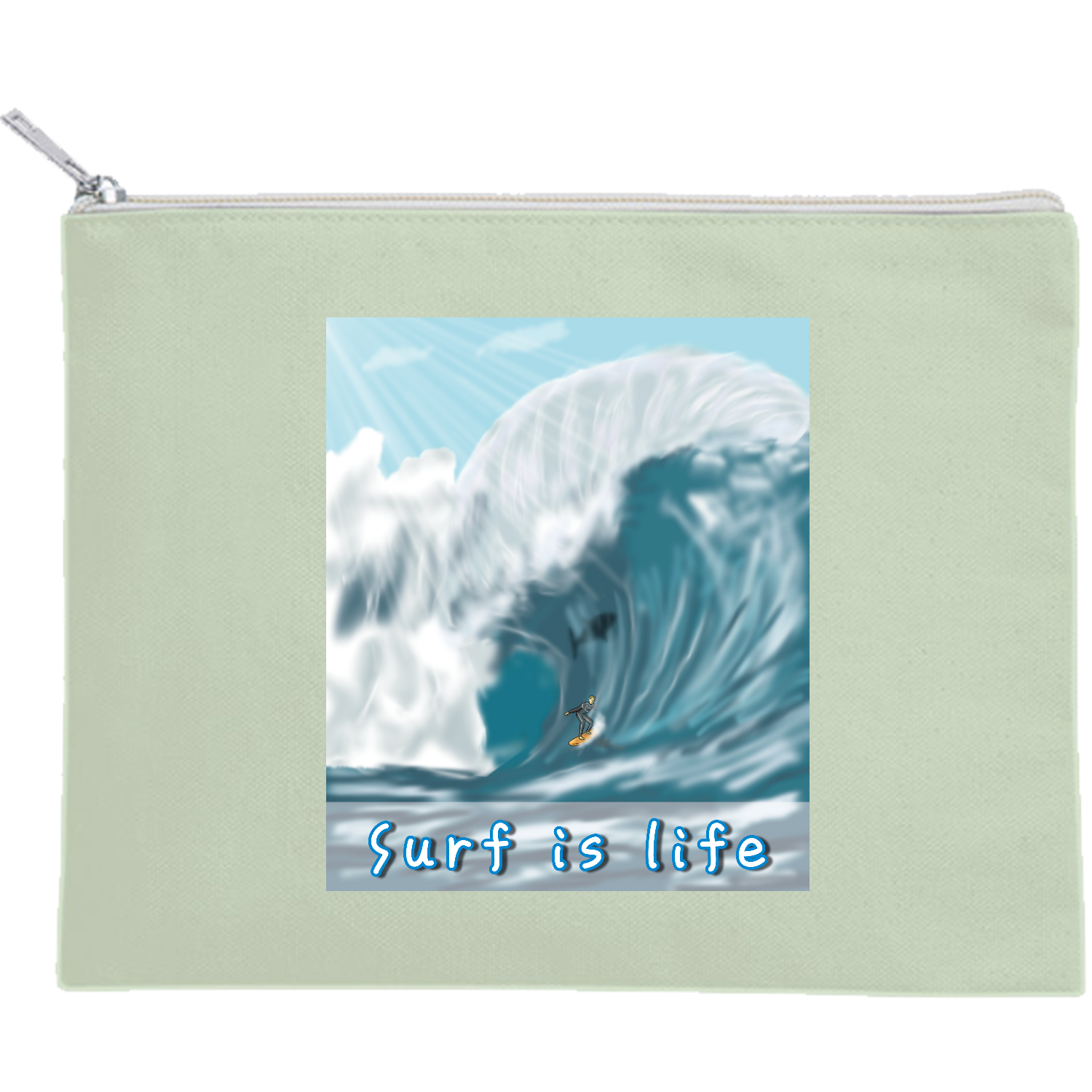 「Surf is Life / サーフィンは人生」 キャンバスフラットポーチ（M）【白プリント有】