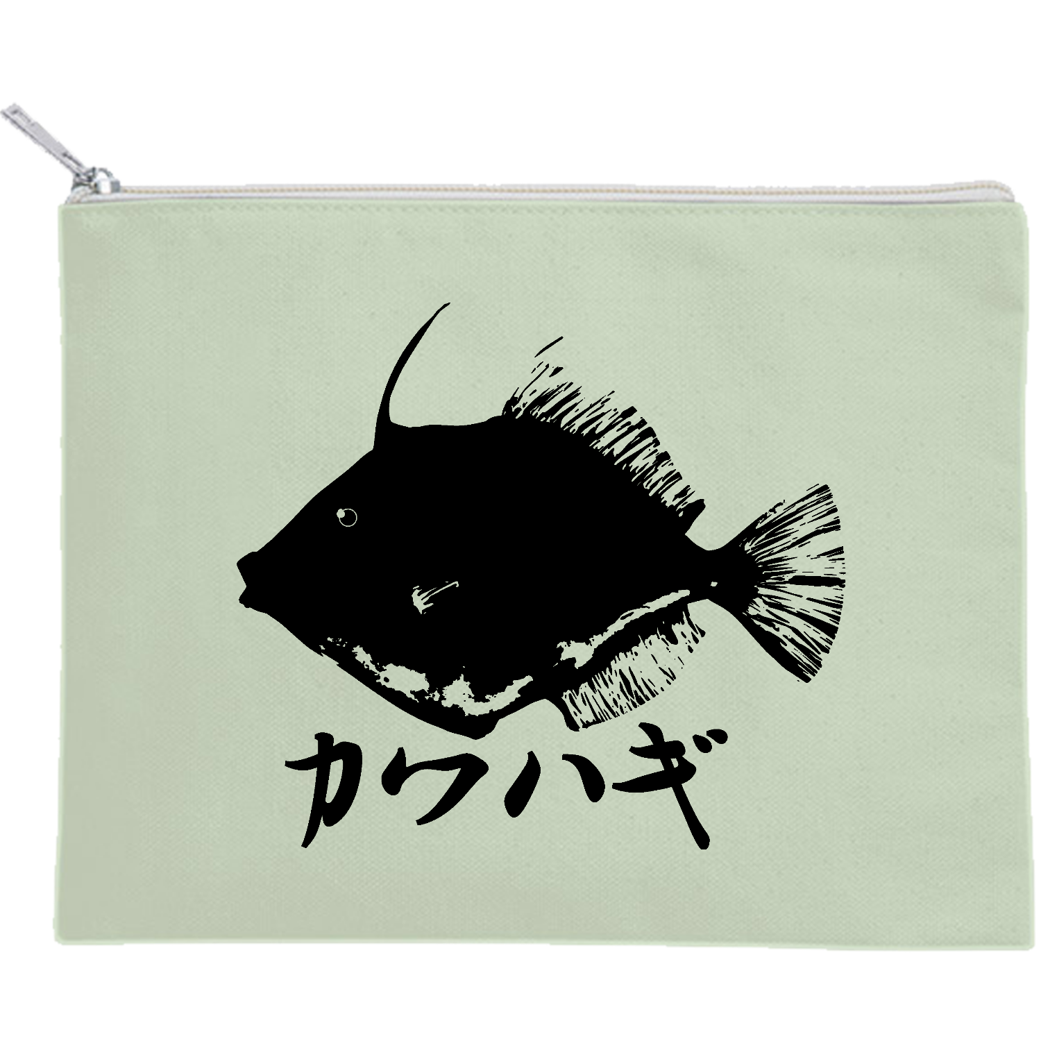 カワハギの魚拓 キャンバスフラットポーチ（M）【白プリント有】