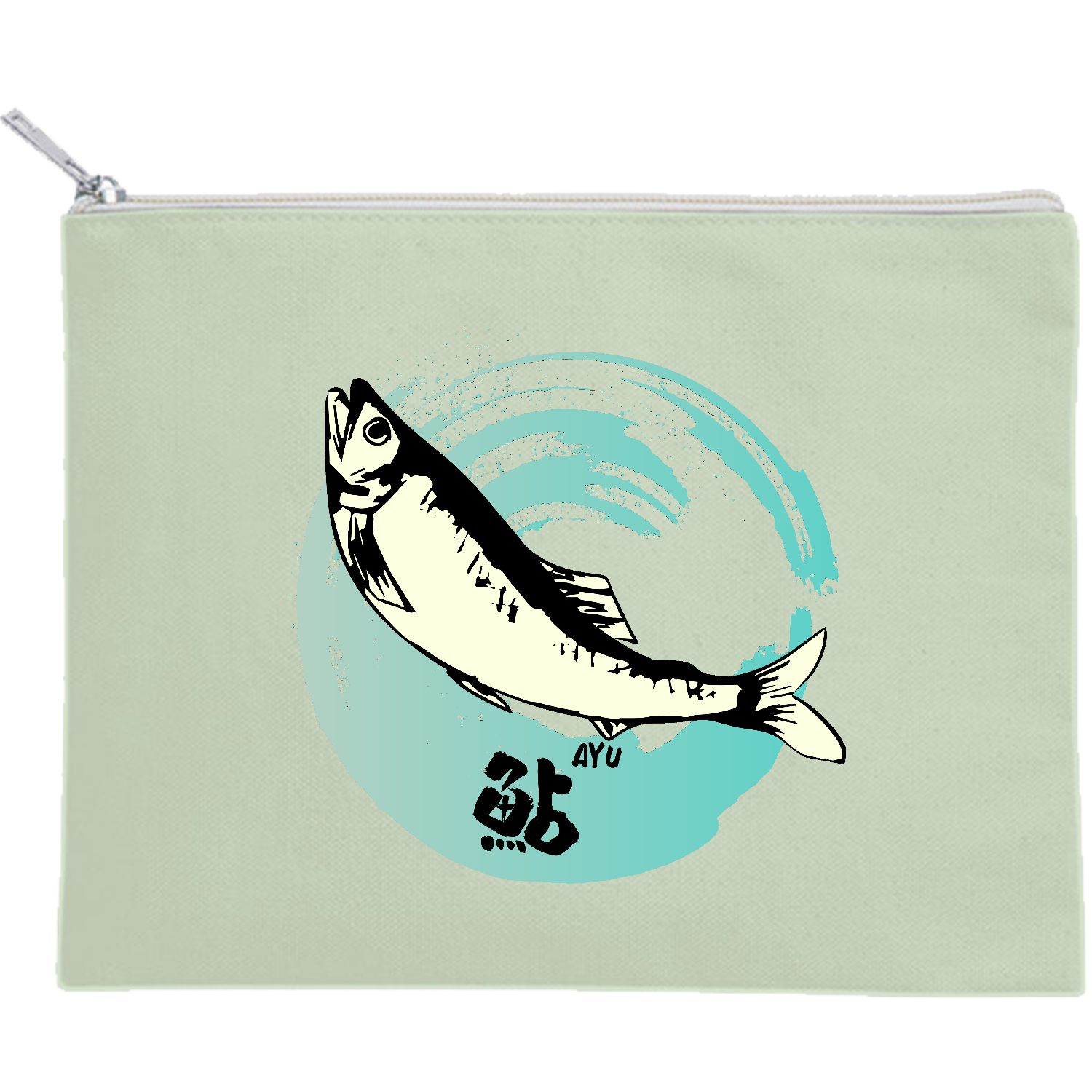 鮎ジャンプ！ キャンバスフラットポーチ（M）【白プリント有】