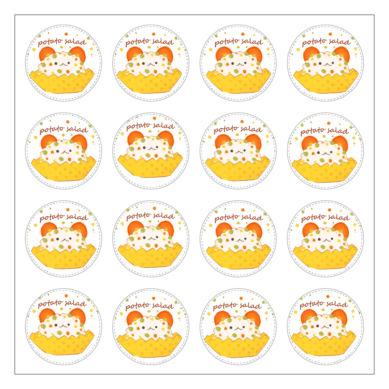 ぽてとさらだ 選べるホワイトフレークシール（円型16枚）160×160mm