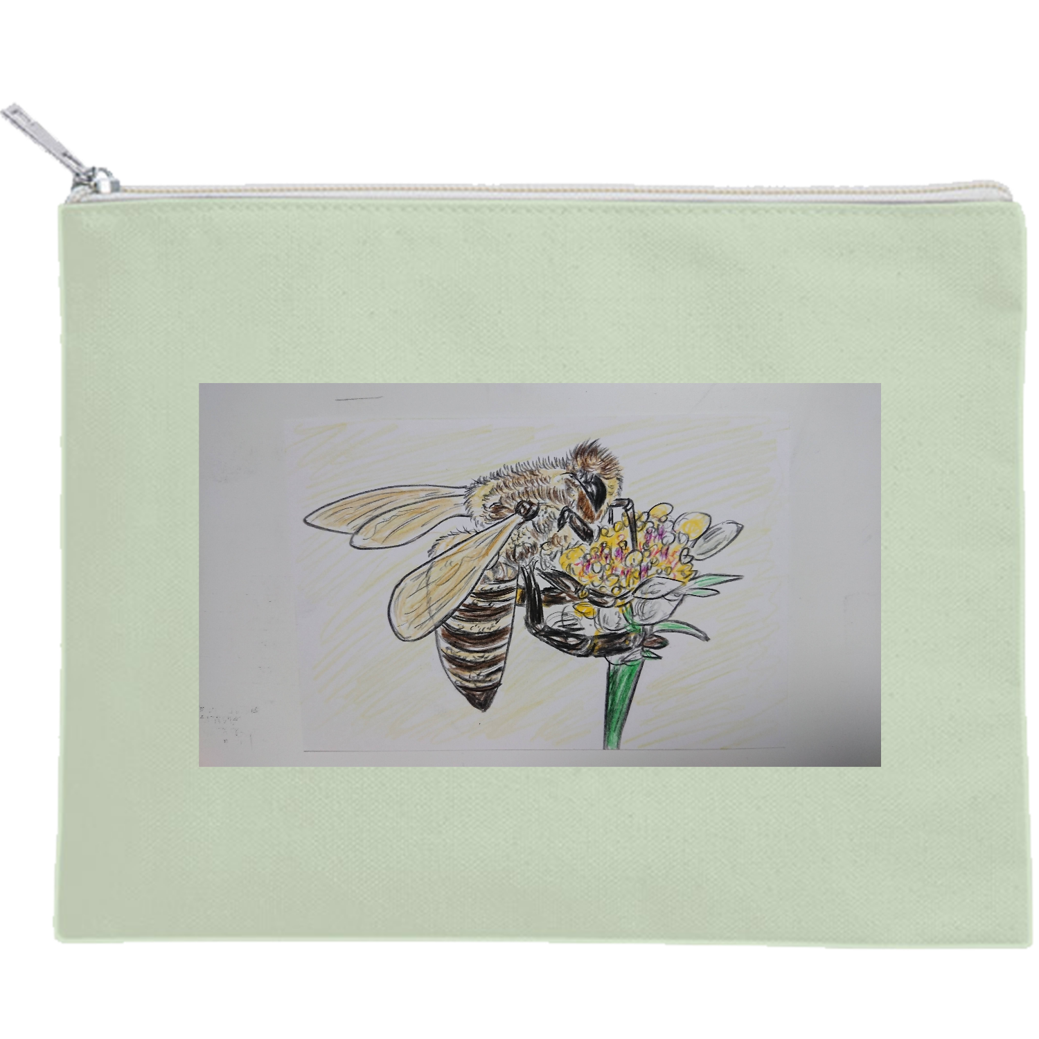 ミツバチ キャンバスフラットポーチ（M）【白プリント有】