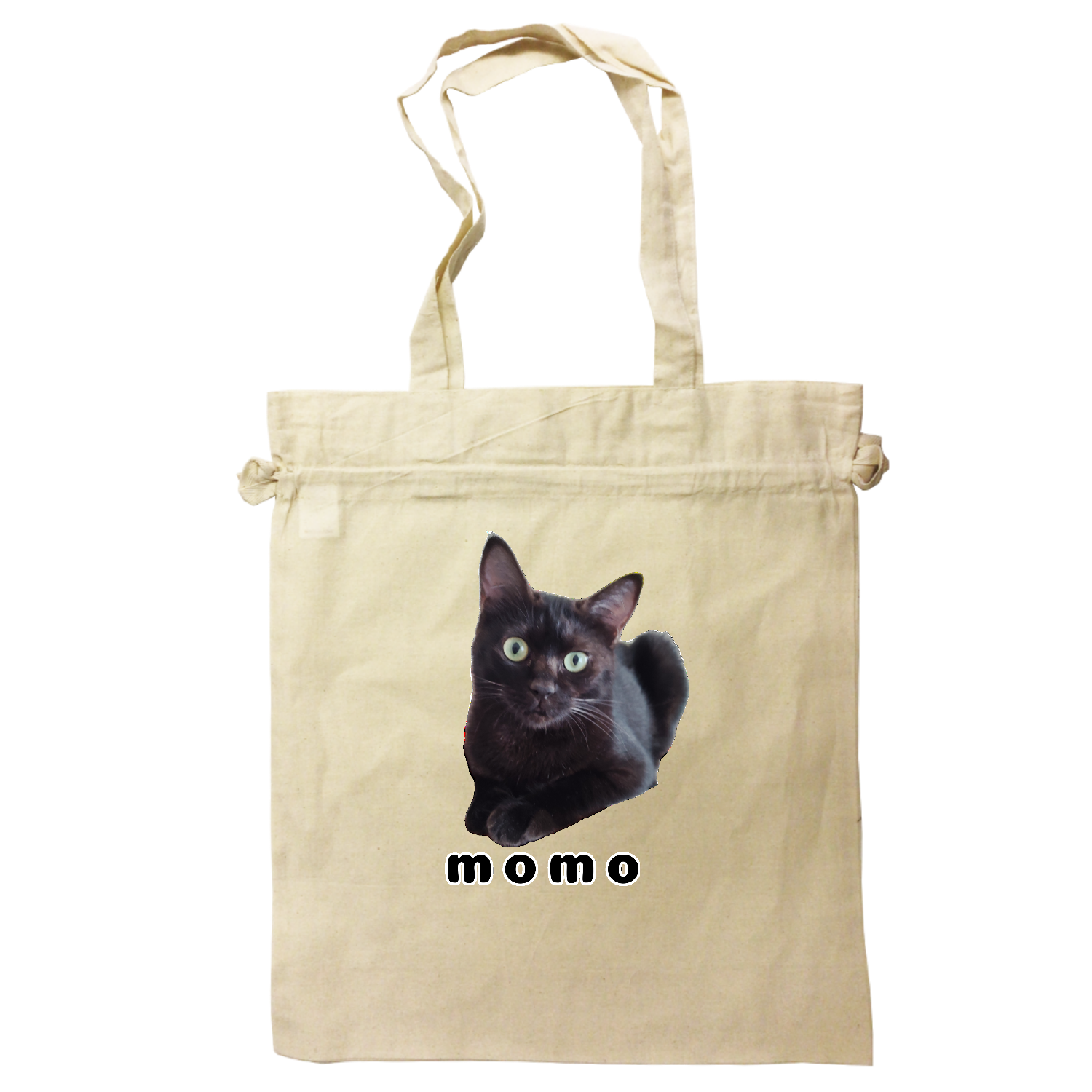 黒ねこももちゃん オーガニックコットンガゼット巾着トート