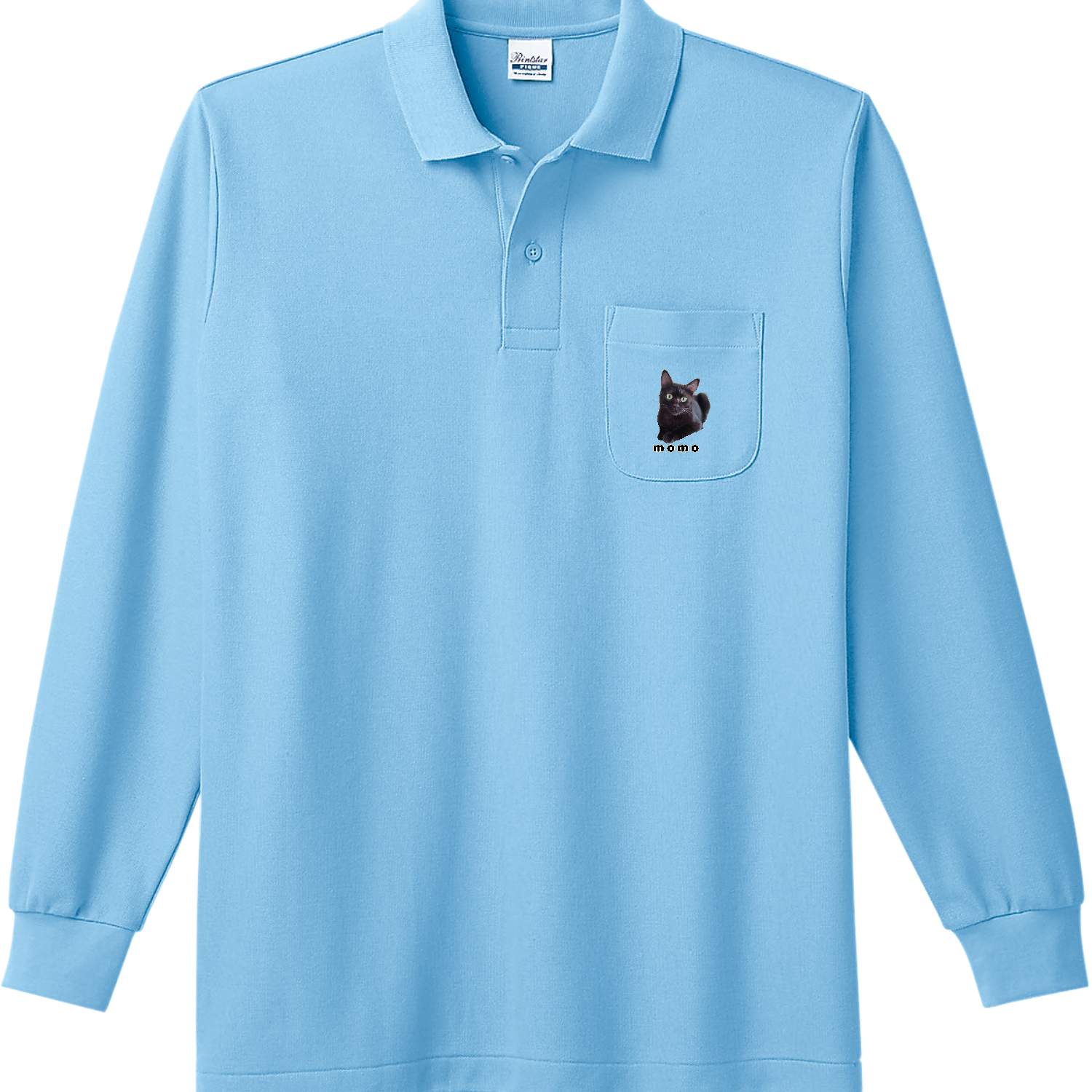 黒ねこももちゃん 長袖ポロシャツ（ポケット付き）