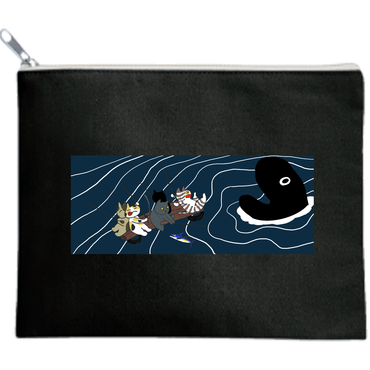 ねこの魚釣り キャンバスフラットポーチ（M）【白プリント有】