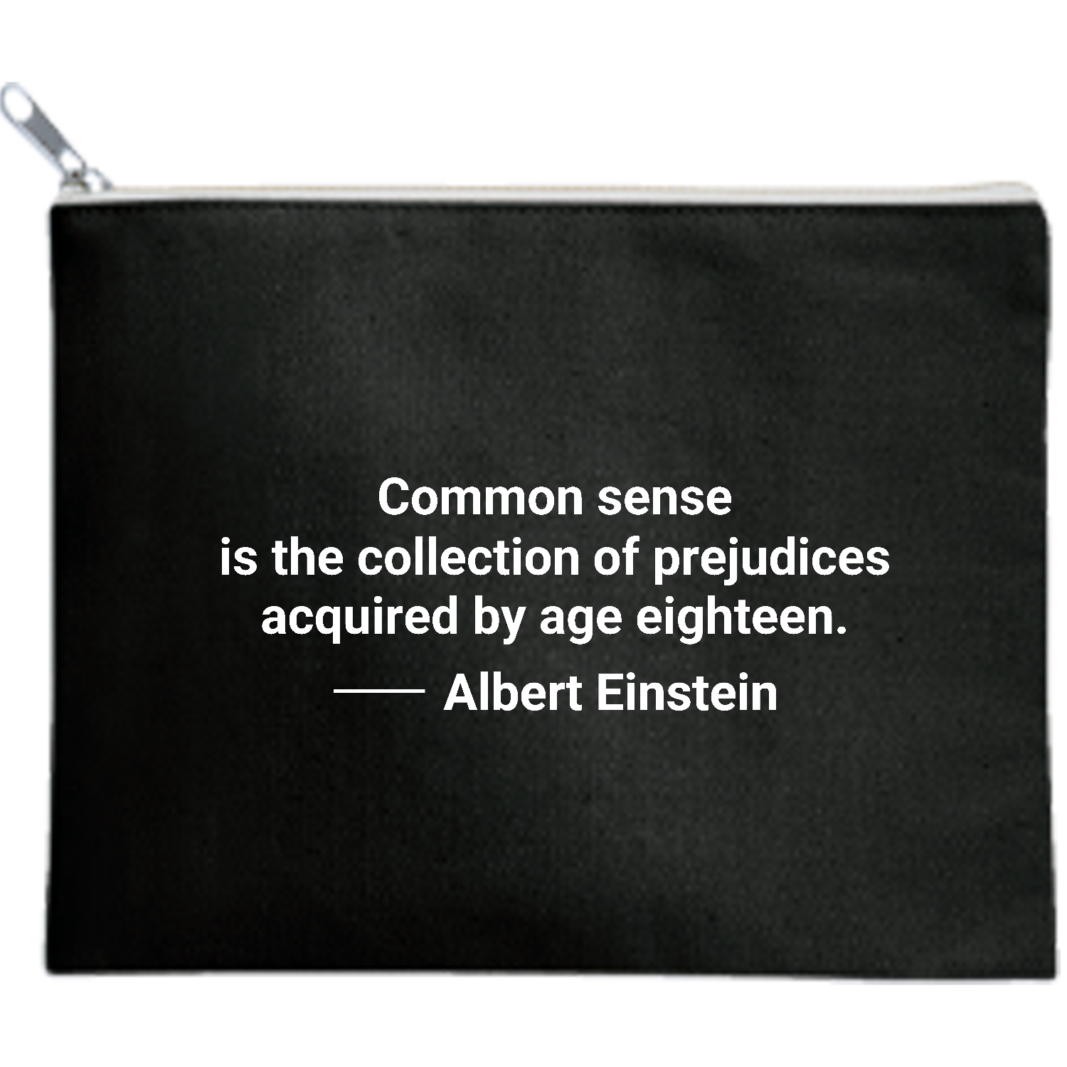 【アインシュタイン名言・英文】常識とは１８歳までに身につけた偏見のコレクションである（Common sense is the collection～） キャンバスフラットポーチ（M）【白プリント有】