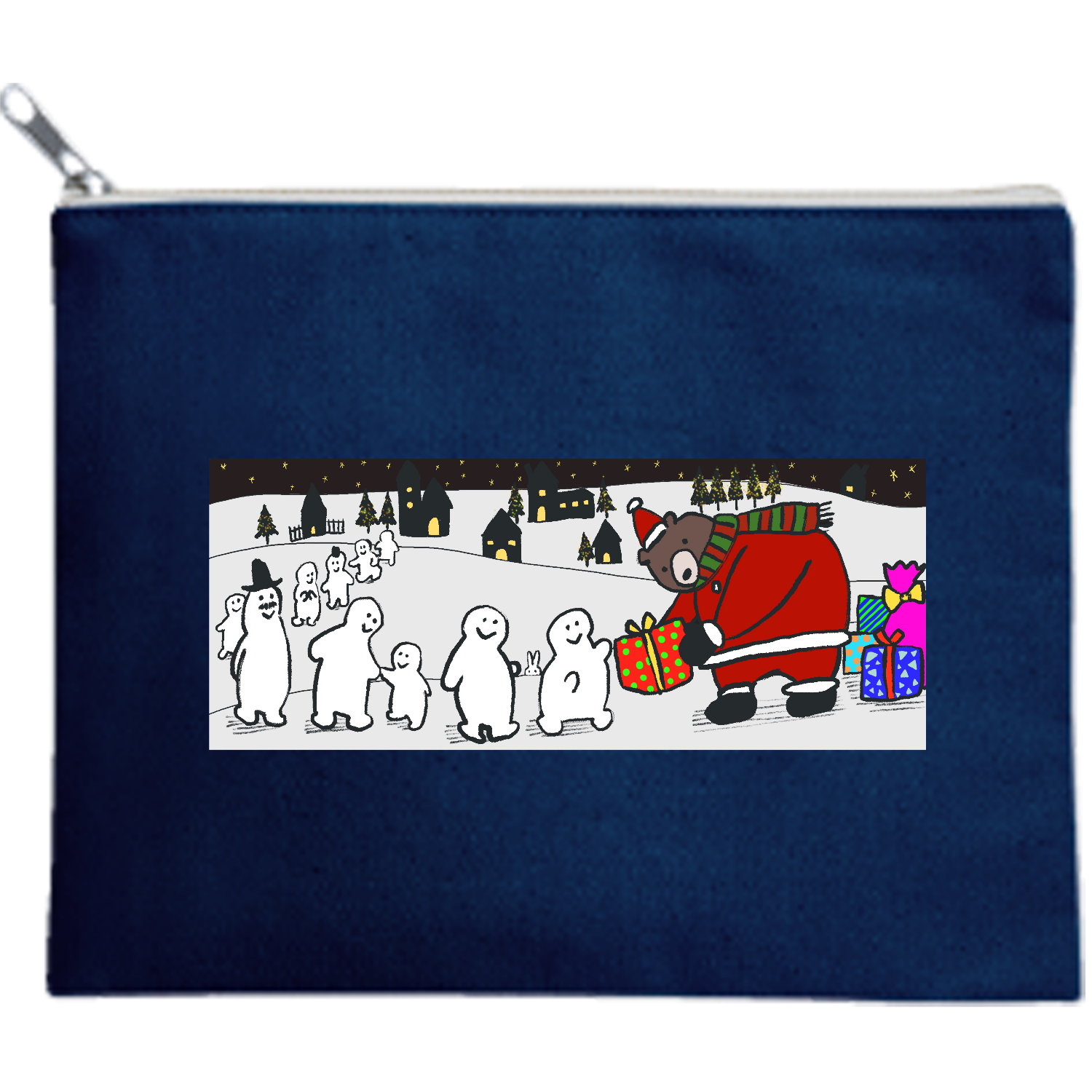 クマのサンタさん キャンバスフラットポーチ（M）【白プリント有】