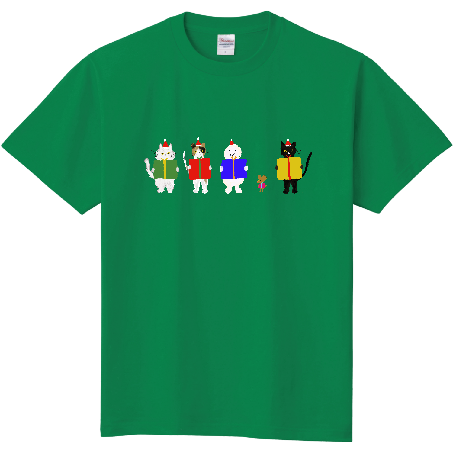 ねこ、ねずみ、雪だるまのクリスマスプレゼント 定番Ｔシャツ