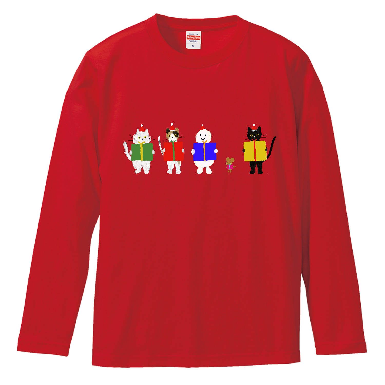 ねこ、ねずみ、雪だるまのクリスマスプレゼント ロングスリーブTシャツ