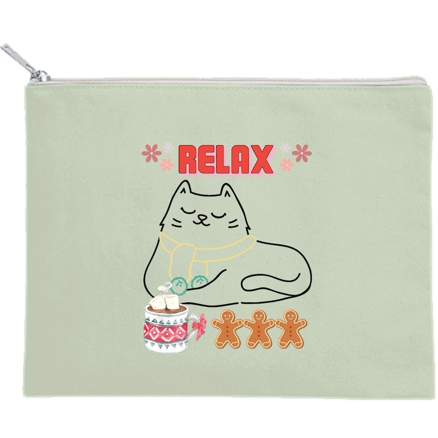 くつろぎねこちゃんパート5 キャンバスフラットポーチ（M）【白プリント有】