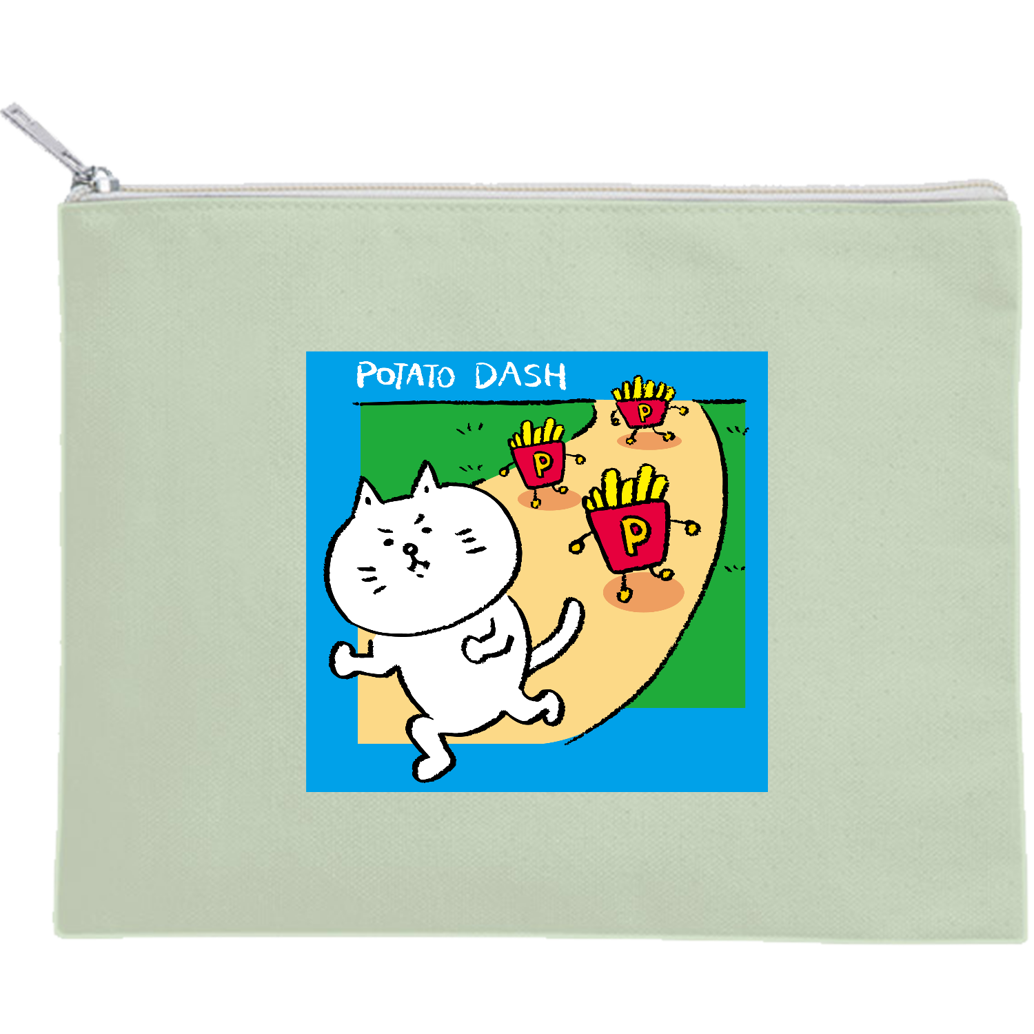 グラフィックシリーズ「ちろすけとポテトダッシュ」 キャンバスフラットポーチ（M）【白プリント有】