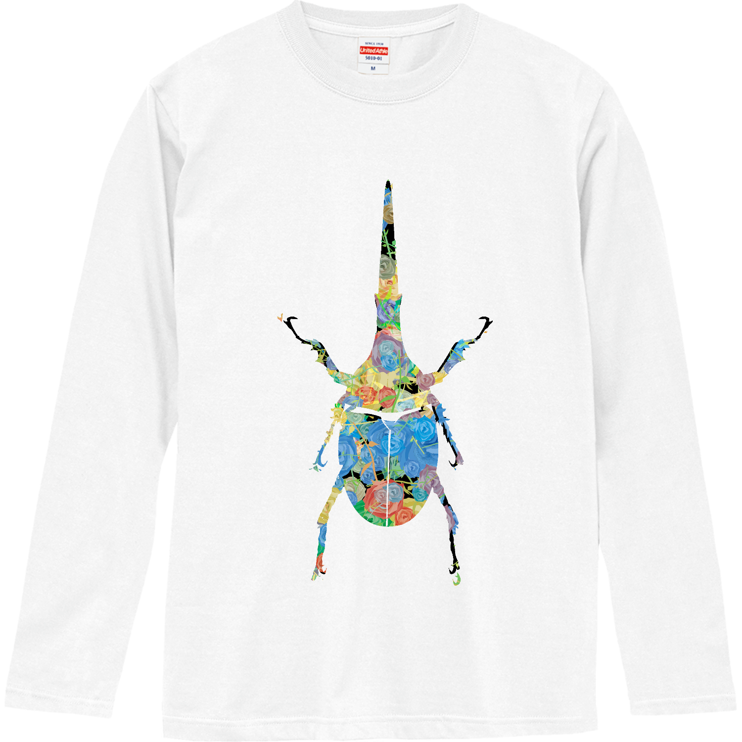 薔薇のヘラクレスオオカブトムシのシルエットアート - 可愛い昆虫マーク ロングスリーブTシャツ