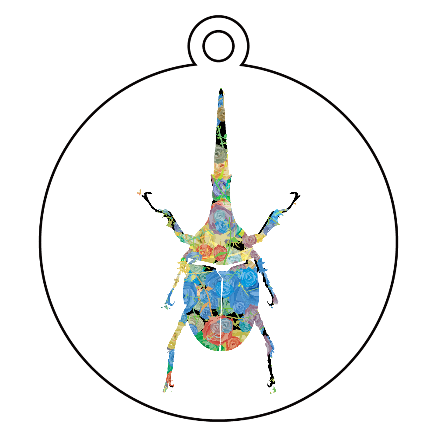 薔薇のヘラクレスオオカブトムシのシルエットアート - 可愛い昆虫マーク アクリルキーホルダー　丸型 (6cm)