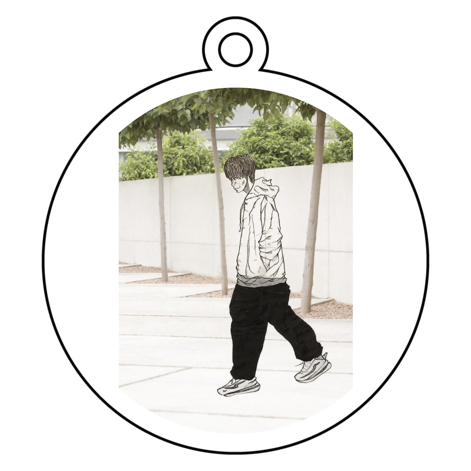 イラスト、お出かけ、散歩、ナチュラル アクリルキーホルダー　丸型 (6cm)