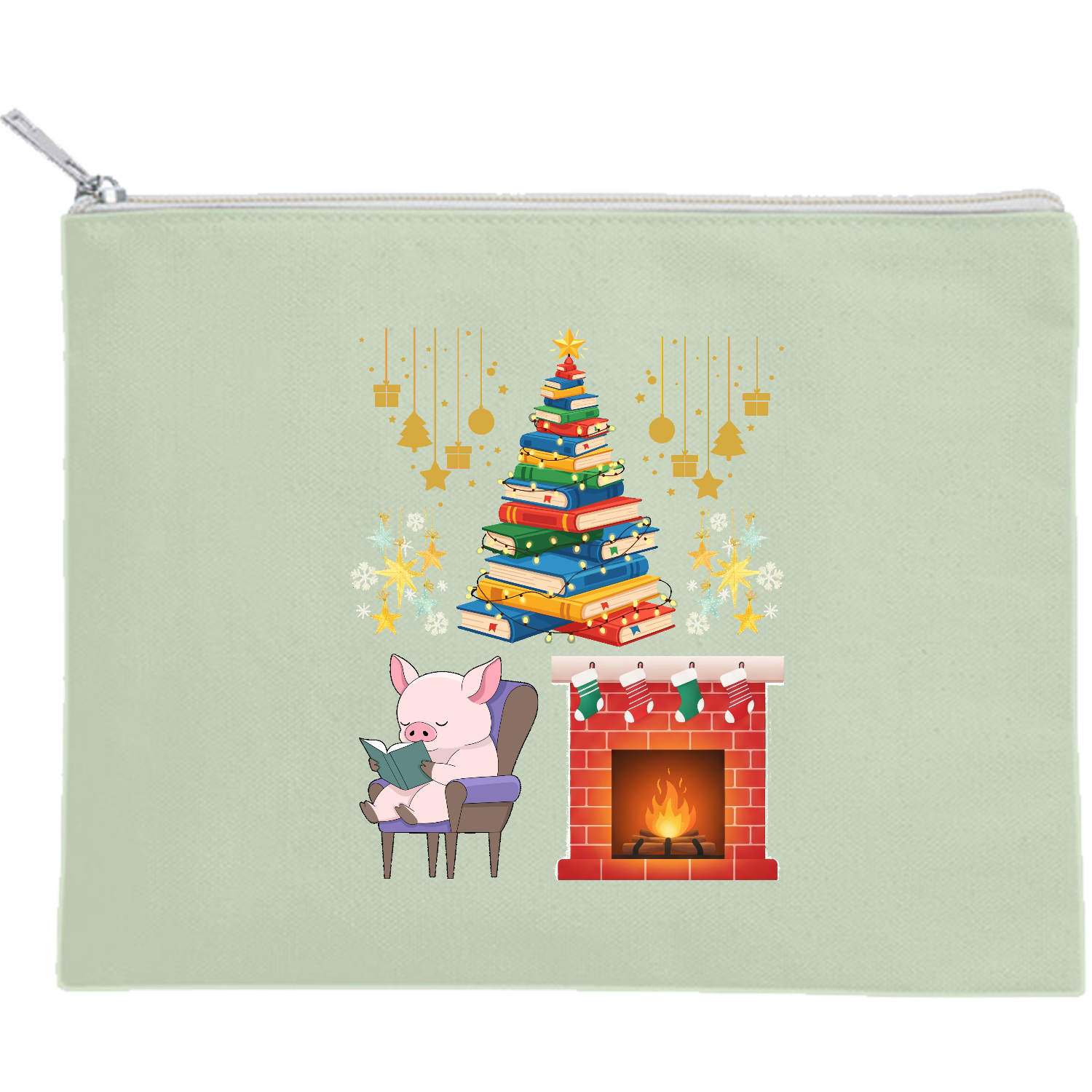 メリクリ　読書する豚さん キャンバスフラットポーチ（M）【白プリント有】