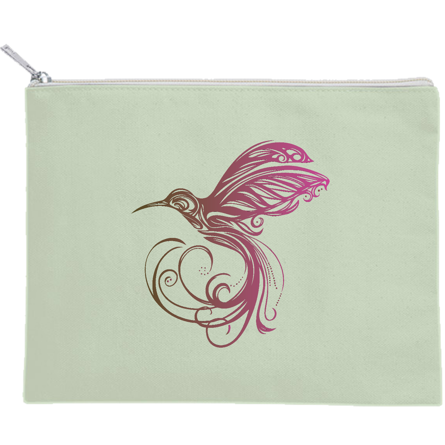 美しいハチドリのトライバルアートデザインマーク キャンバスフラットポーチ（M）【白プリント有】