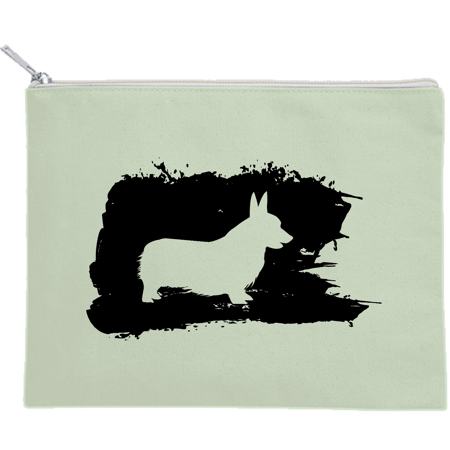 コーギーの和風墨絵マーク キャンバスフラットポーチ（M）【白プリント有】